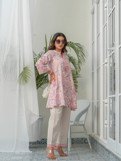 Floral Printed Mandarin Collar Linen Tunic With Trousers