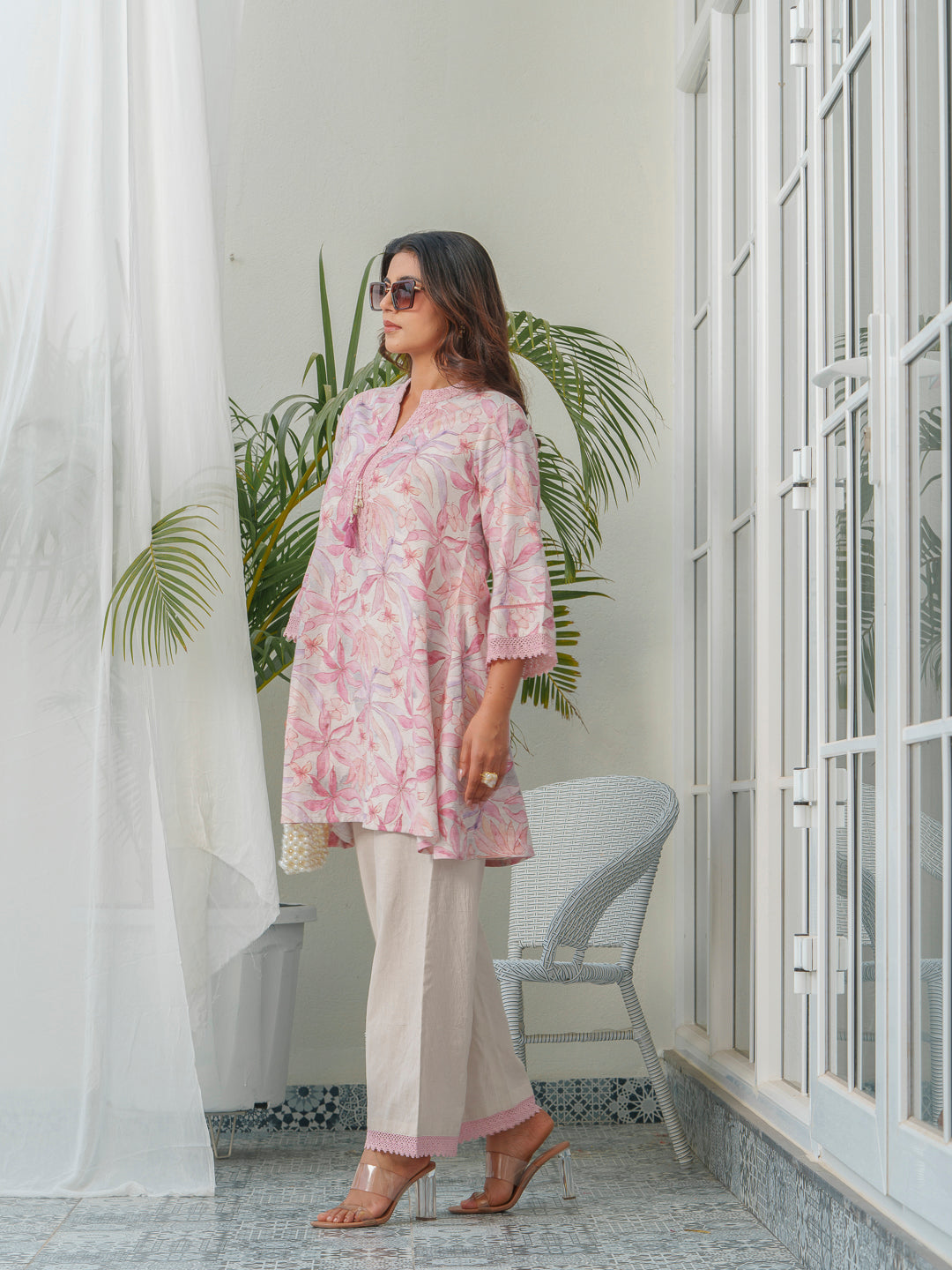 Floral Printed Mandarin Collar Linen Tunic With Trousers