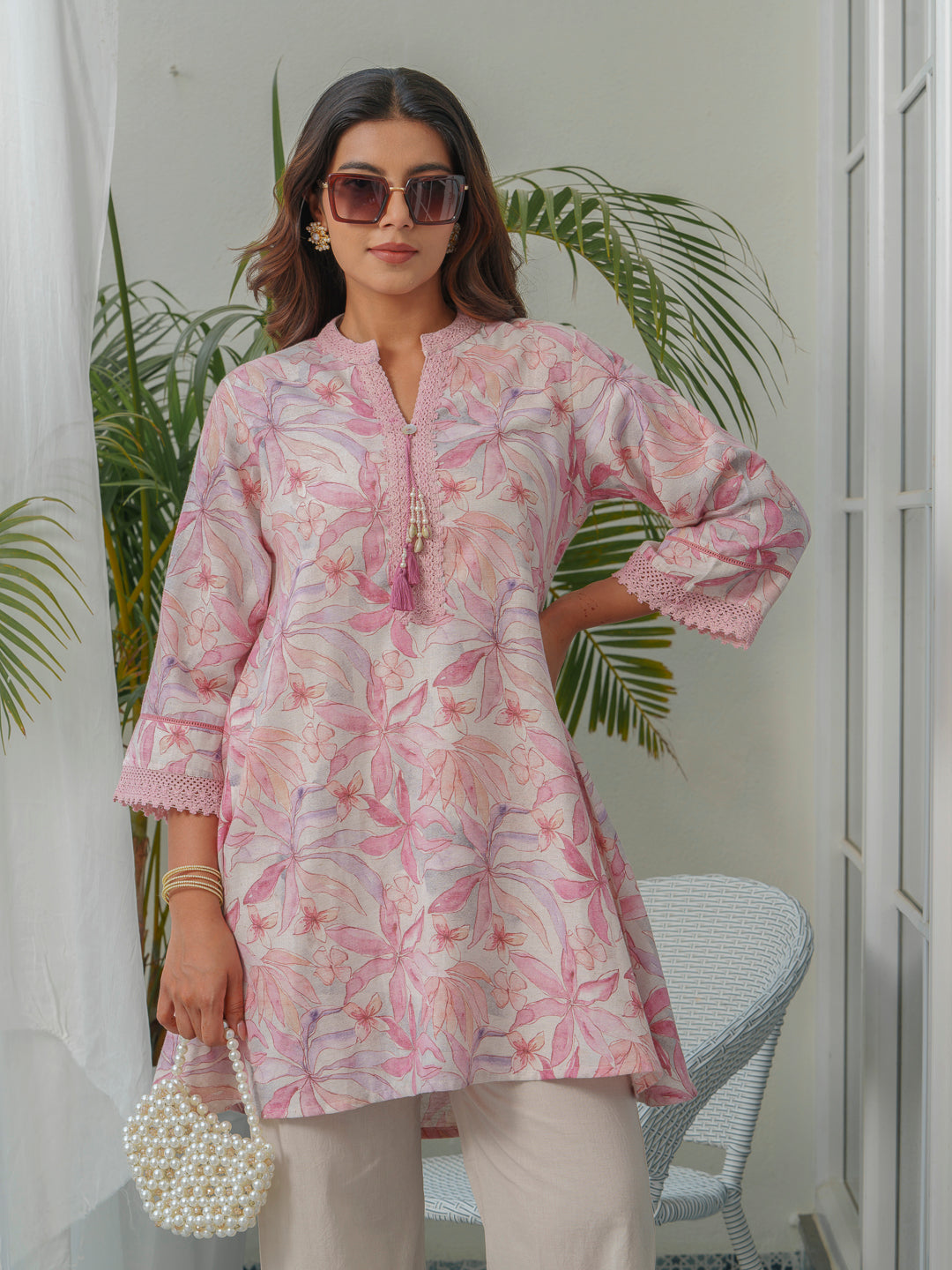 Floral Printed Mandarin Collar Linen Tunic With Trousers