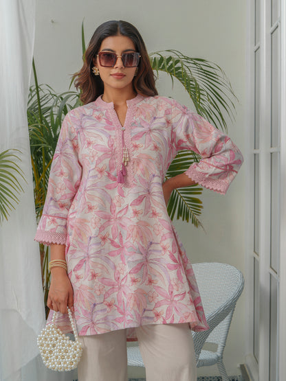 Floral Printed Mandarin Collar Linen Tunic With Trousers