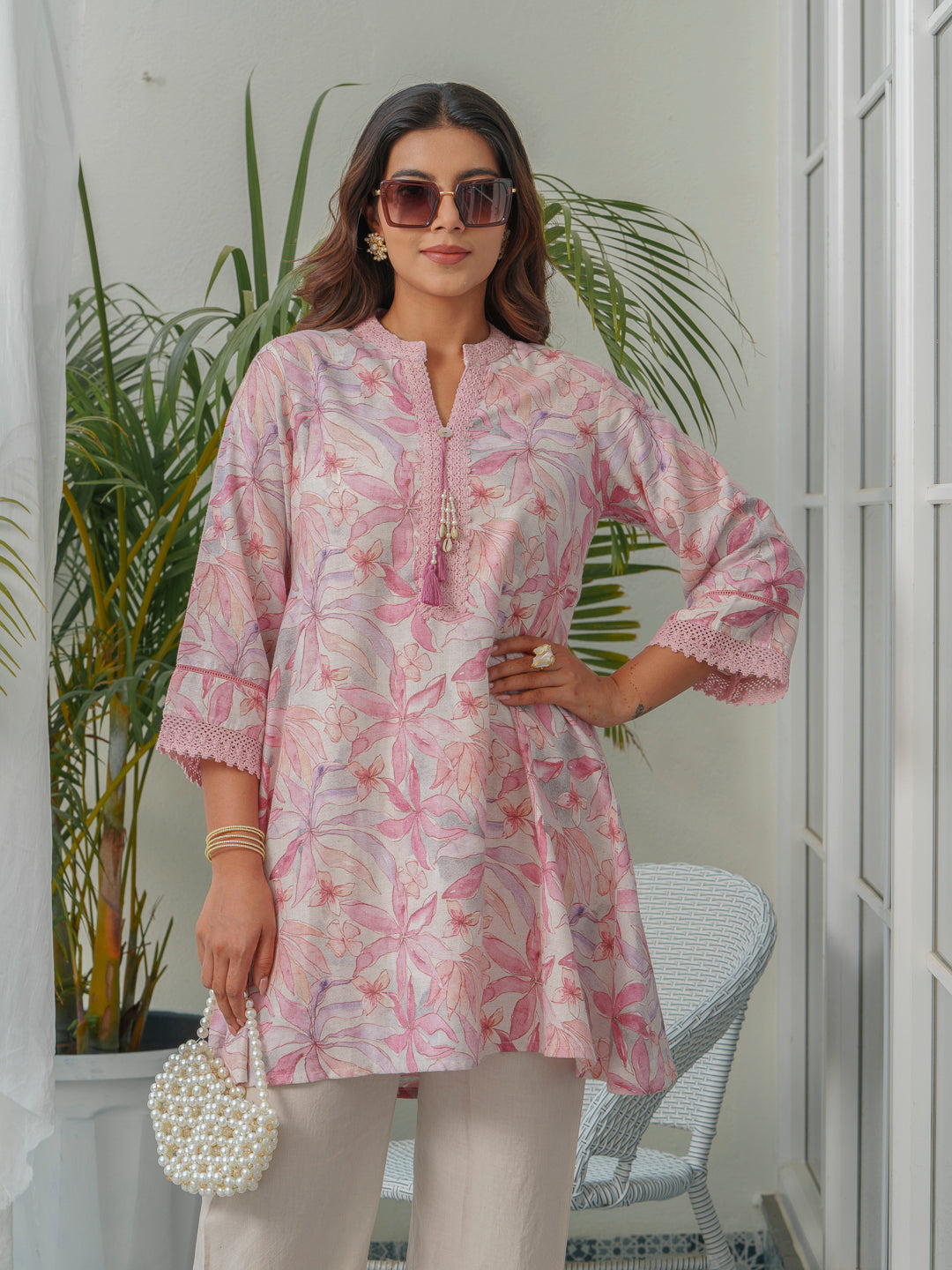Floral Printed Mandarin Collar Linen Tunic With Trousers