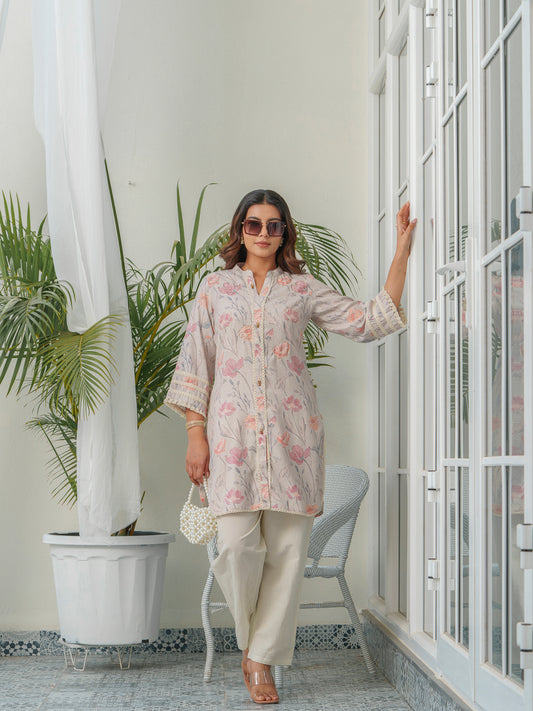 Floral Printed Mandarin Collar Linen Tunic With Trousers