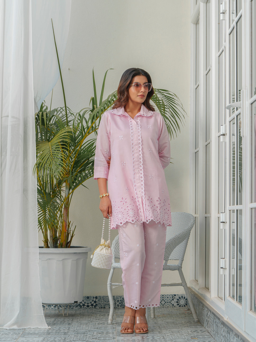 Embroidered Shirt Collar Roman Silk Tunic & Trouser