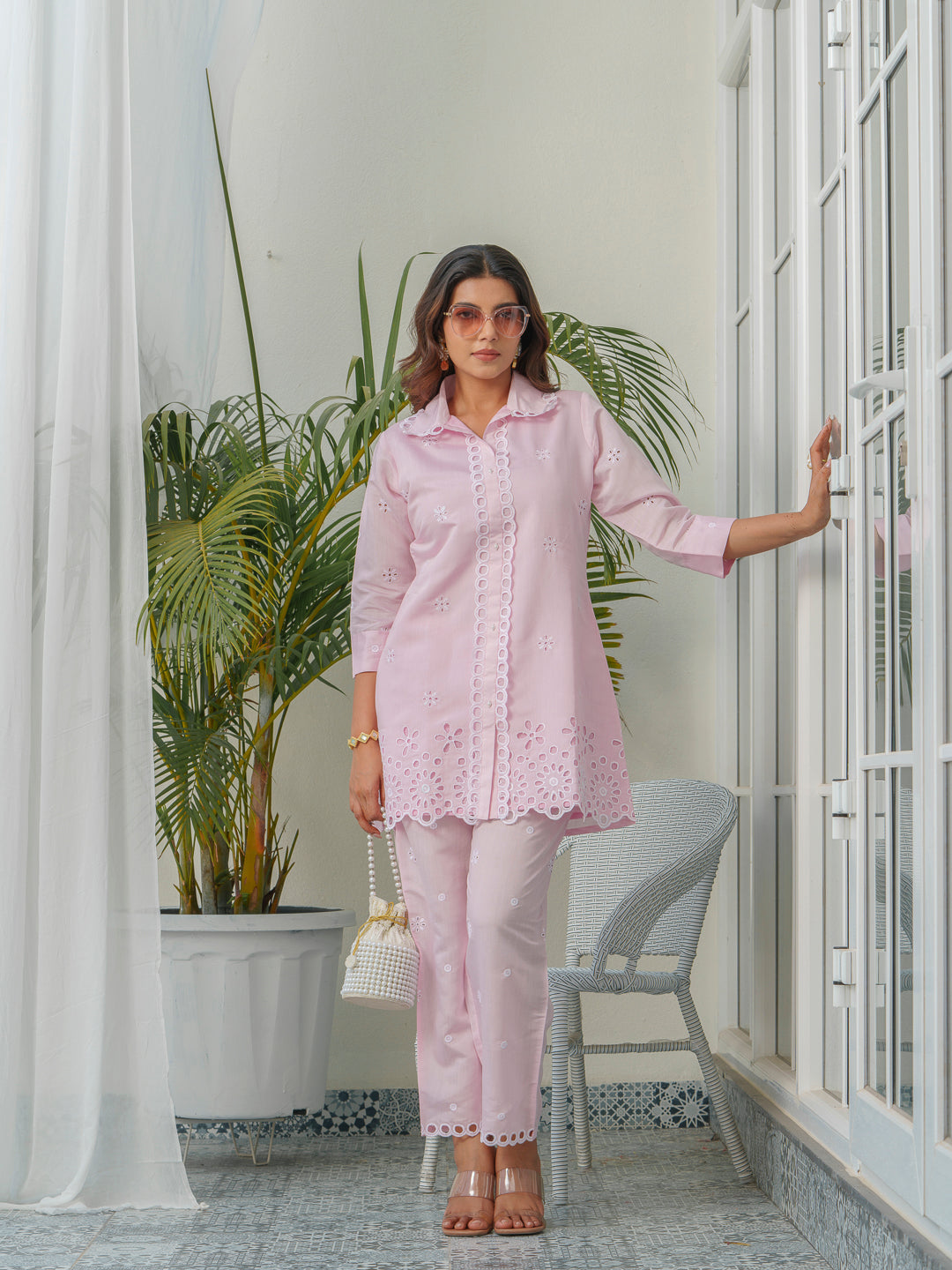 Embroidered Shirt Collar Roman Silk Tunic & Trouser