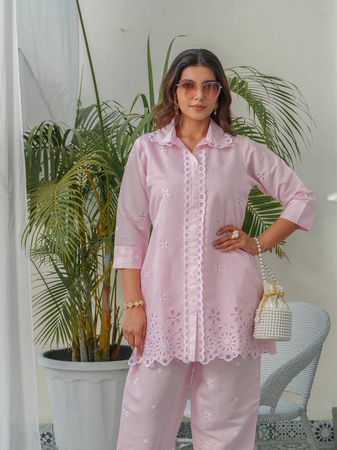Embroidered Shirt Collar Roman Silk Tunic & Trouser