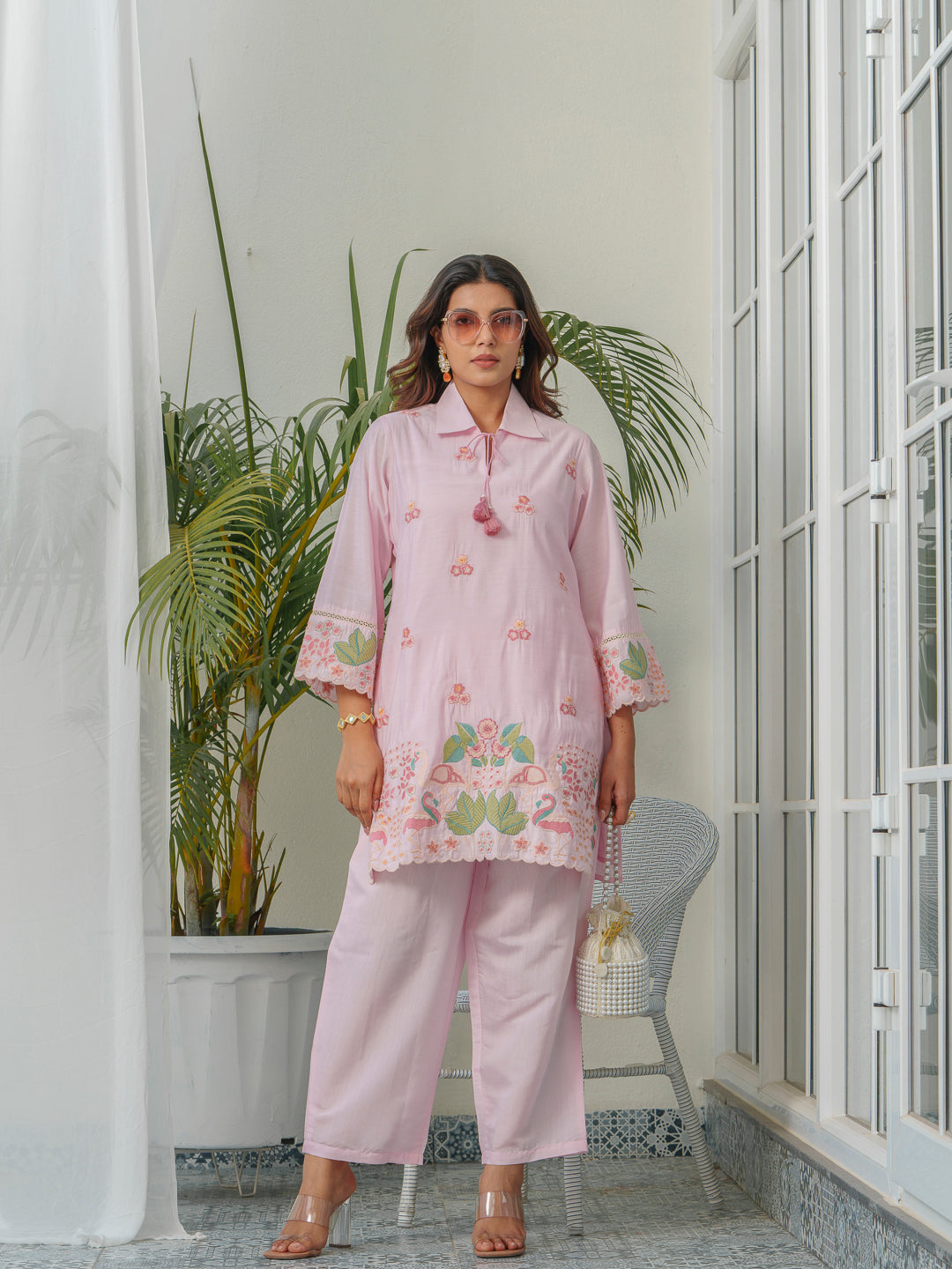 Floral & Swan Embroidered Shirt Collar Roman Silk Tunic With Trousers