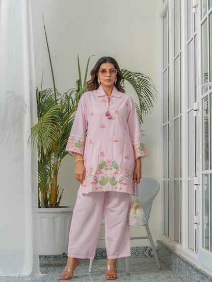 Floral & Swan Embroidered Shirt Collar Roman Silk Tunic With Trousers