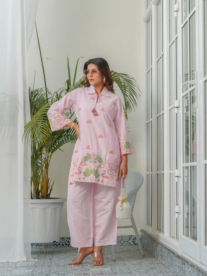Floral & Swan Embroidered Shirt Collar Roman Silk Tunic With Trousers