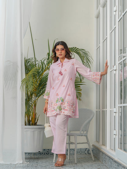 Floral & Swan Embroidered Shirt Collar Roman Silk Tunic With Trousers