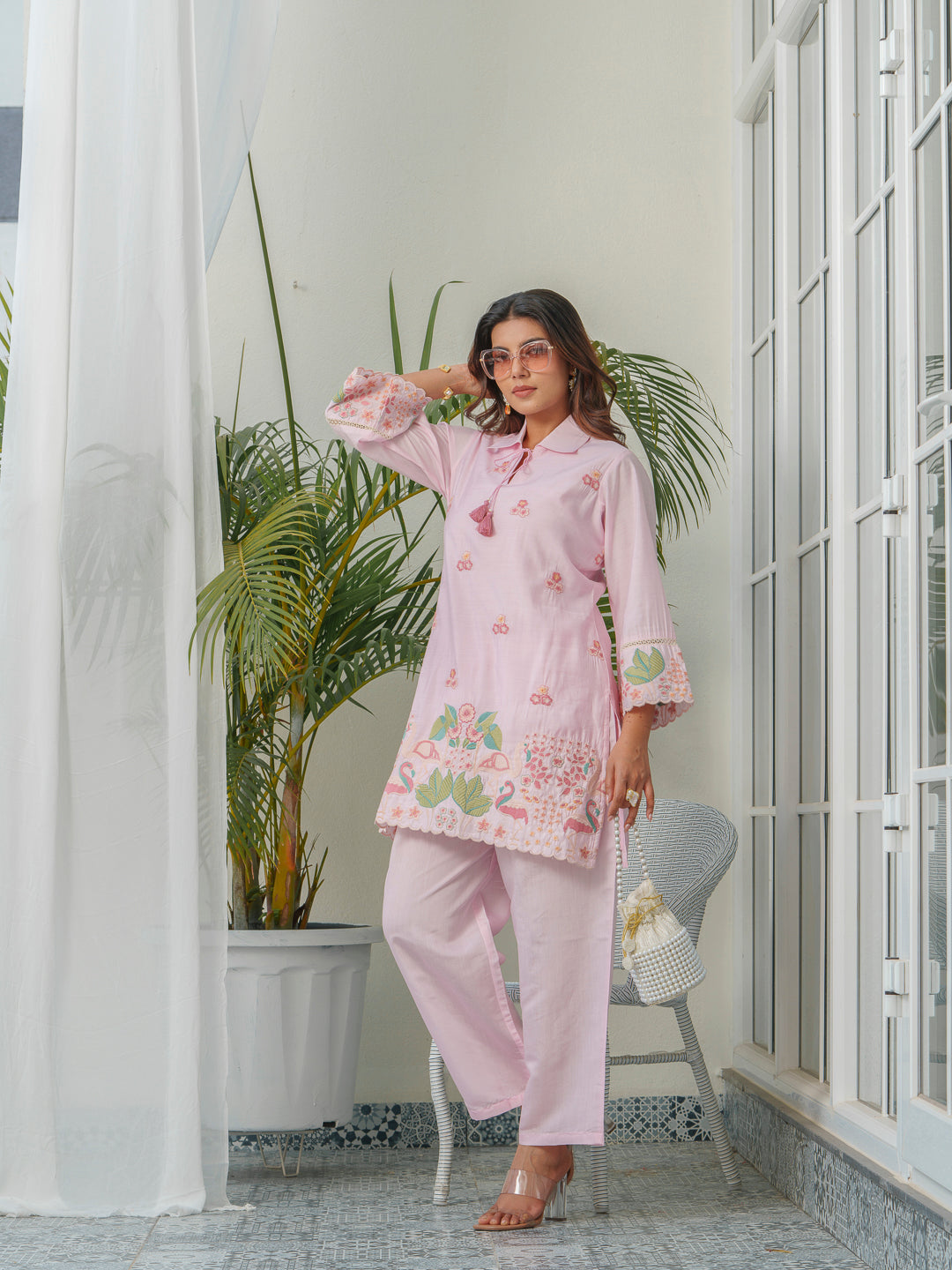 Floral & Swan Embroidered Shirt Collar Roman Silk Tunic With Trousers