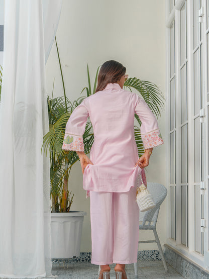 Floral & Swan Embroidered Shirt Collar Roman Silk Tunic With Trousers