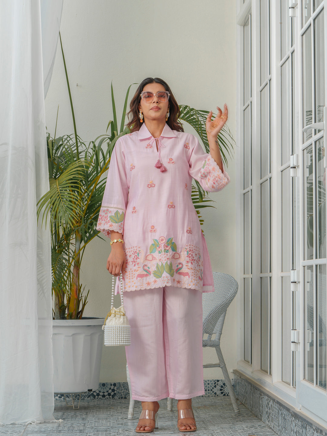 Floral & Swan Embroidered Shirt Collar Roman Silk Tunic With Trousers