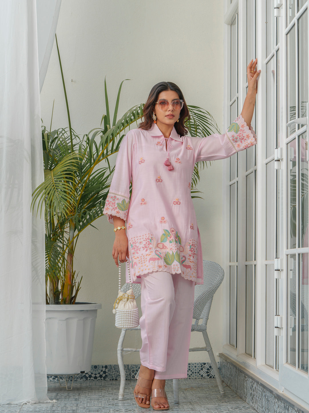 Floral & Swan Embroidered Shirt Collar Roman Silk Tunic With Trousers