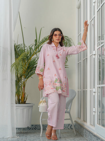 Floral & Swan Embroidered Shirt Collar Roman Silk Tunic With Trousers