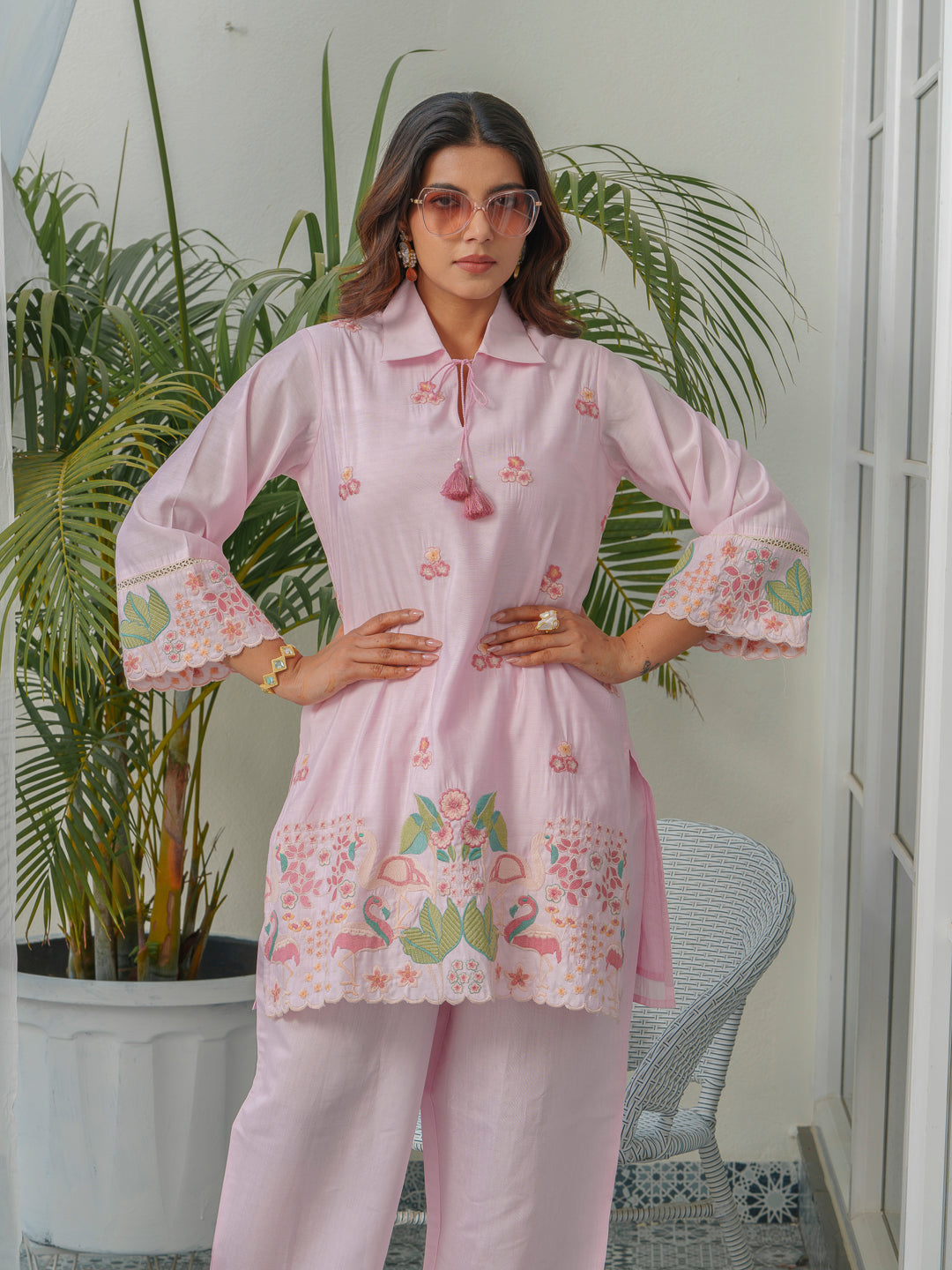 Floral & Swan Embroidered Shirt Collar Roman Silk Tunic With Trousers