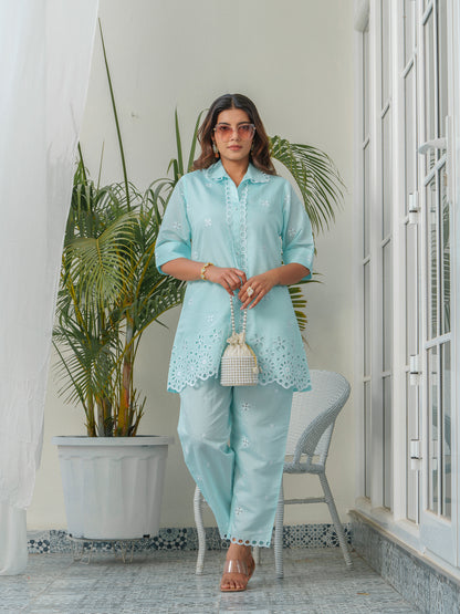 Embroidered Shirt Collar Roman Silk Tunic & Trouser