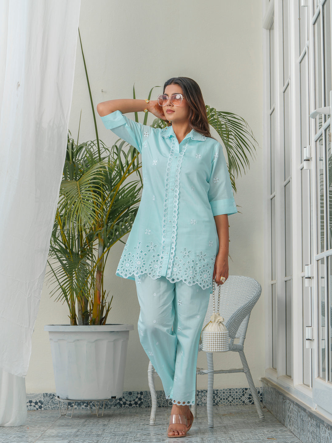 Embroidered Shirt Collar Roman Silk Tunic & Trouser