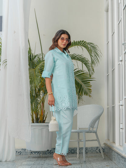 Embroidered Shirt Collar Roman Silk Tunic & Trouser