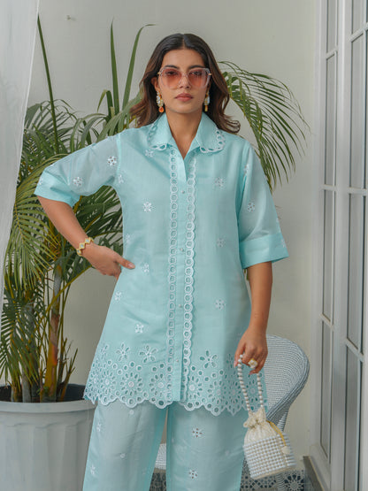Embroidered Shirt Collar Roman Silk Tunic & Trouser