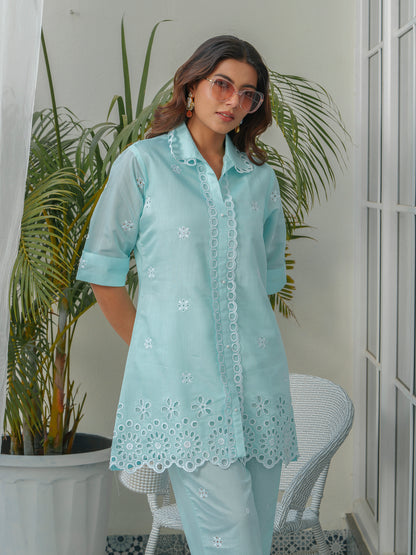 Embroidered Shirt Collar Roman Silk Tunic & Trouser