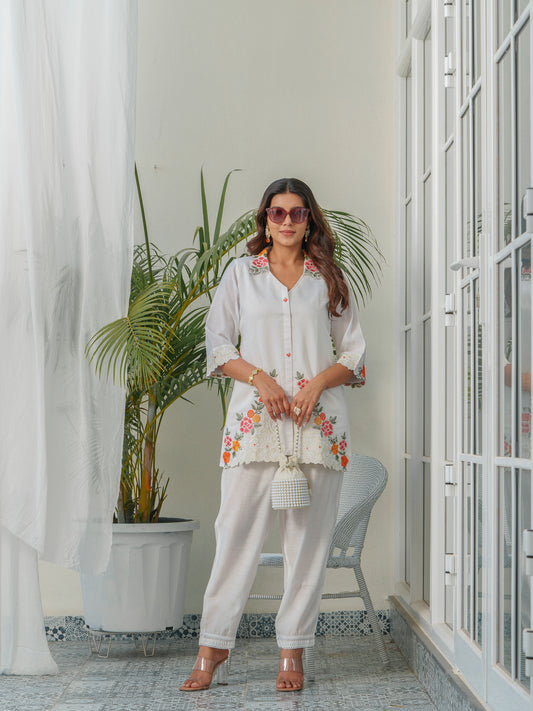 Embroidered Shirt Collar Neck Tunic & Trousers Co-Ords