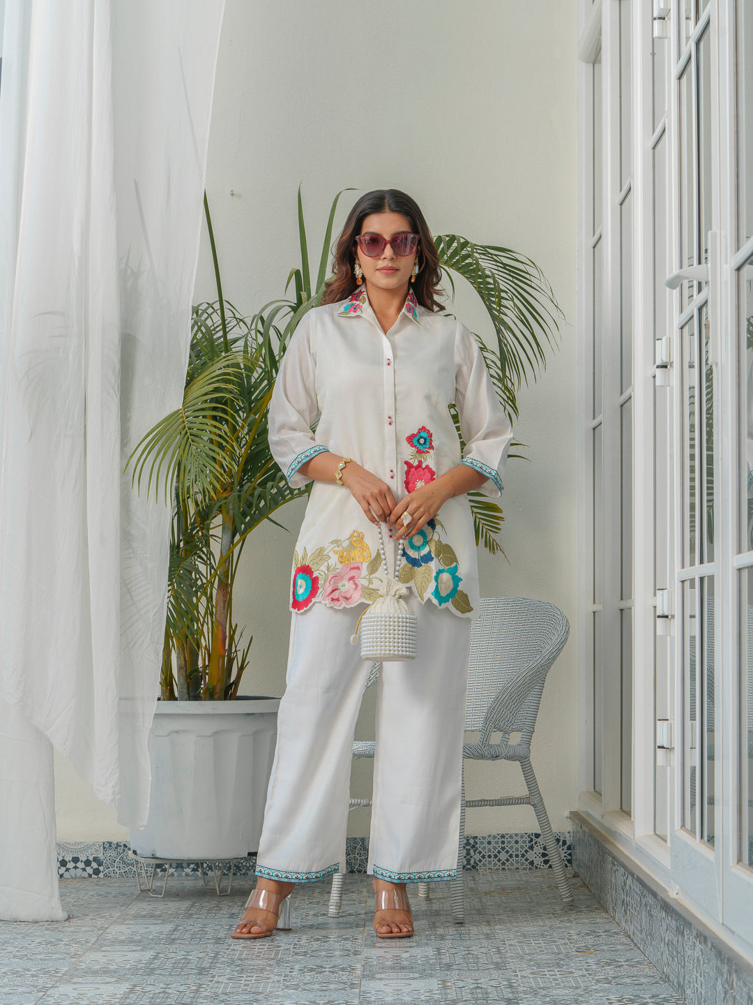 Floral Embroidered Shirt Collar Tunic & Trousers Co-Ords