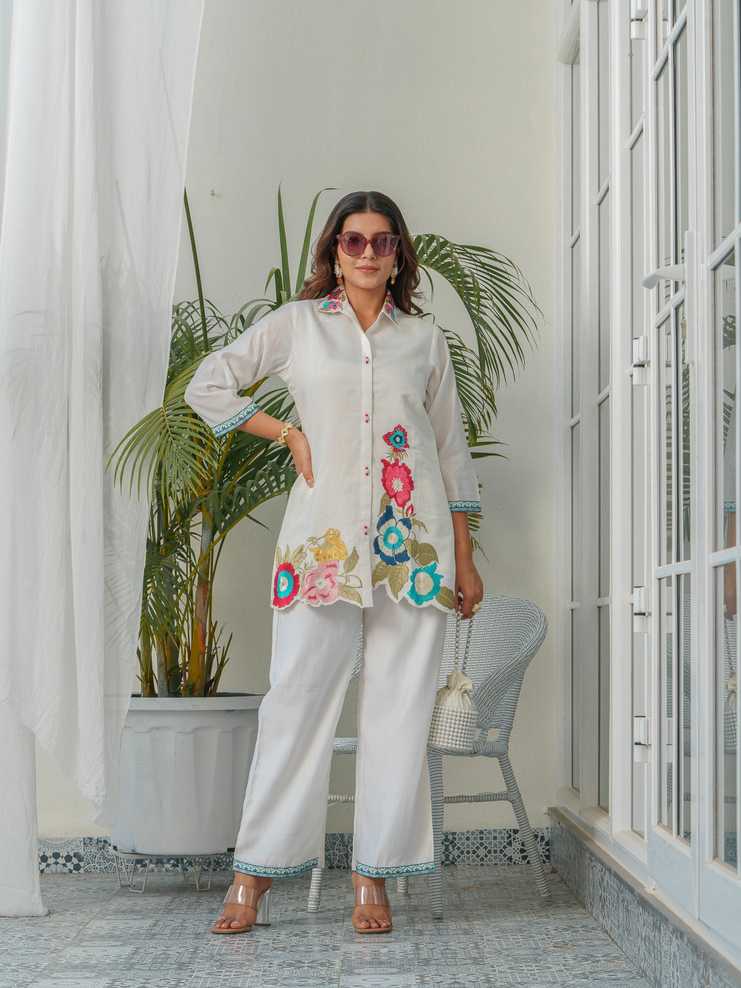 Floral Embroidered Shirt Collar Tunic & Trousers Co-Ords