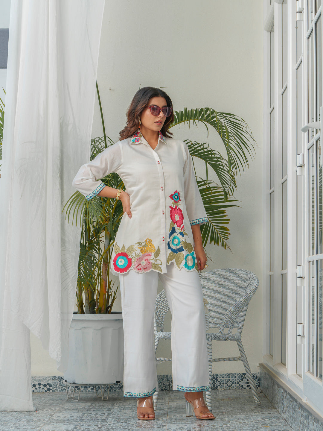 Floral Embroidered Shirt Collar Tunic & Trousers Co-Ords
