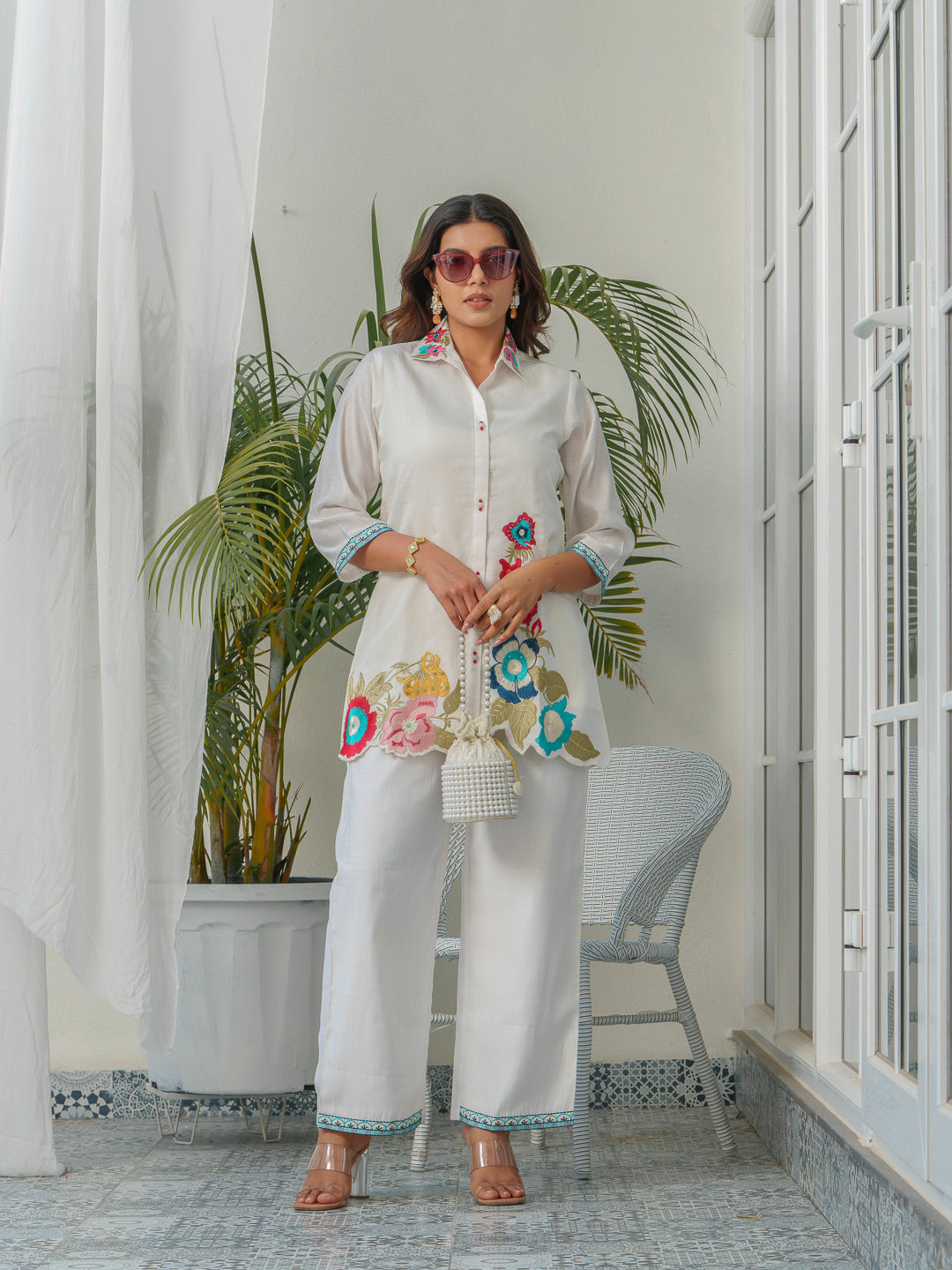 Floral Embroidered Shirt Collar Tunic & Trousers Co-Ords
