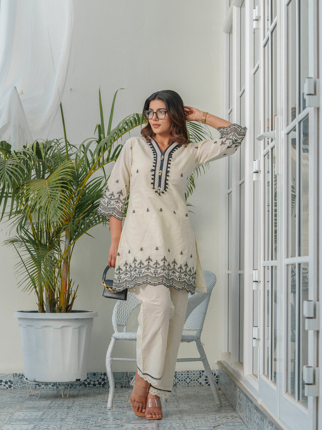 Embroidered V-Neck Pure Cotton Tunic & Trouser