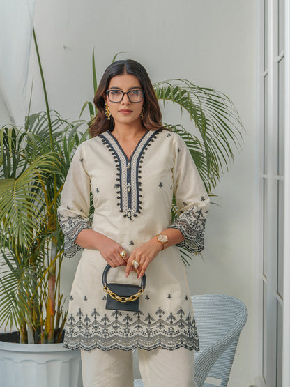 Embroidered V-Neck Pure Cotton Tunic & Trouser