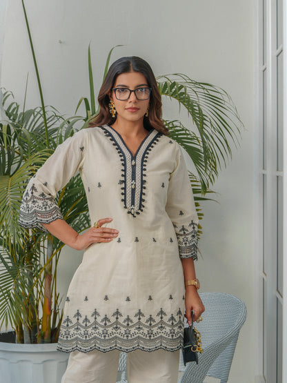 Embroidered V-Neck Pure Cotton Tunic & Trouser