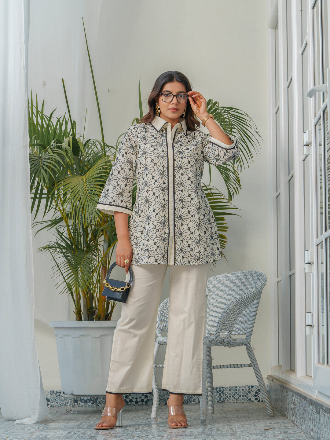 Floral Embroidered Shirt Collar Pure Cotton Tunic & Trouser