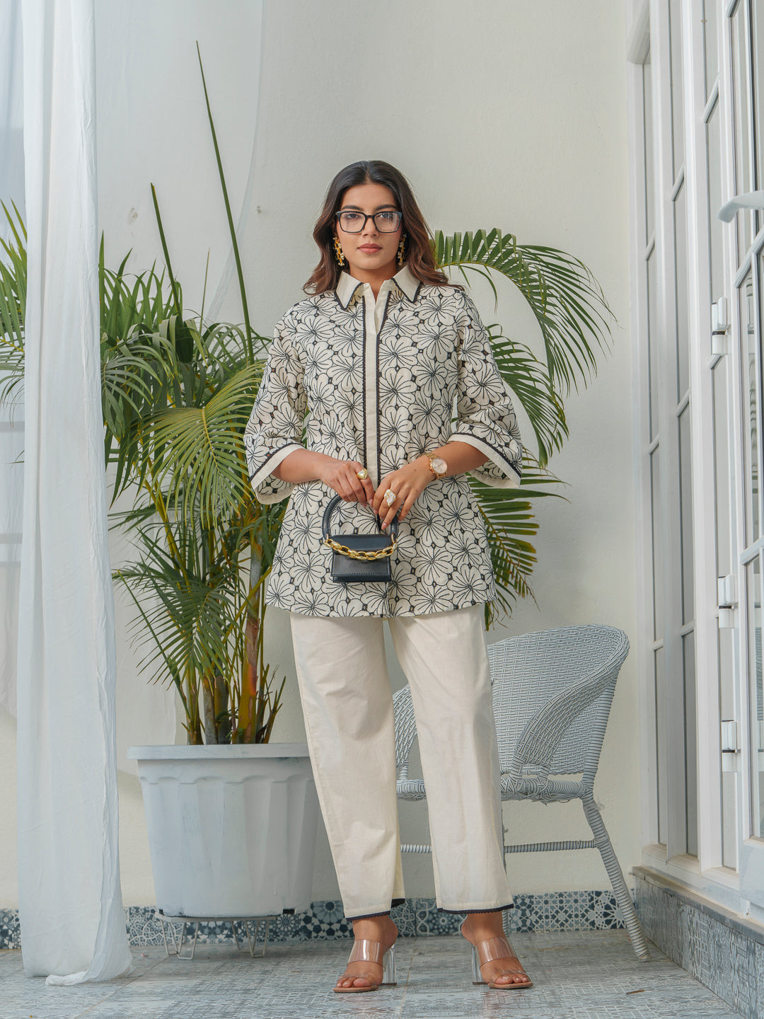 Floral Embroidered Shirt Collar Pure Cotton Tunic & Trouser