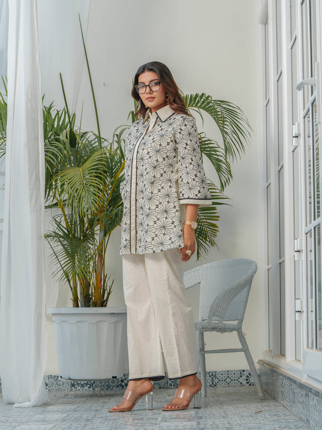 Floral Embroidered Shirt Collar Pure Cotton Tunic & Trouser