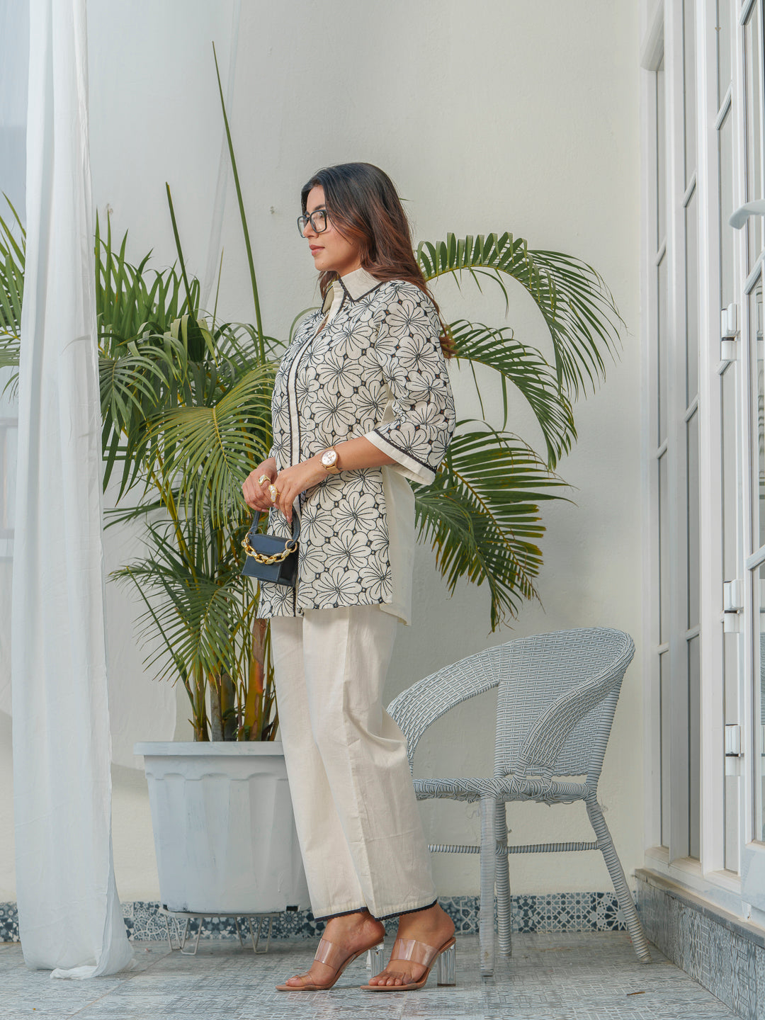Floral Embroidered Shirt Collar Pure Cotton Tunic & Trouser