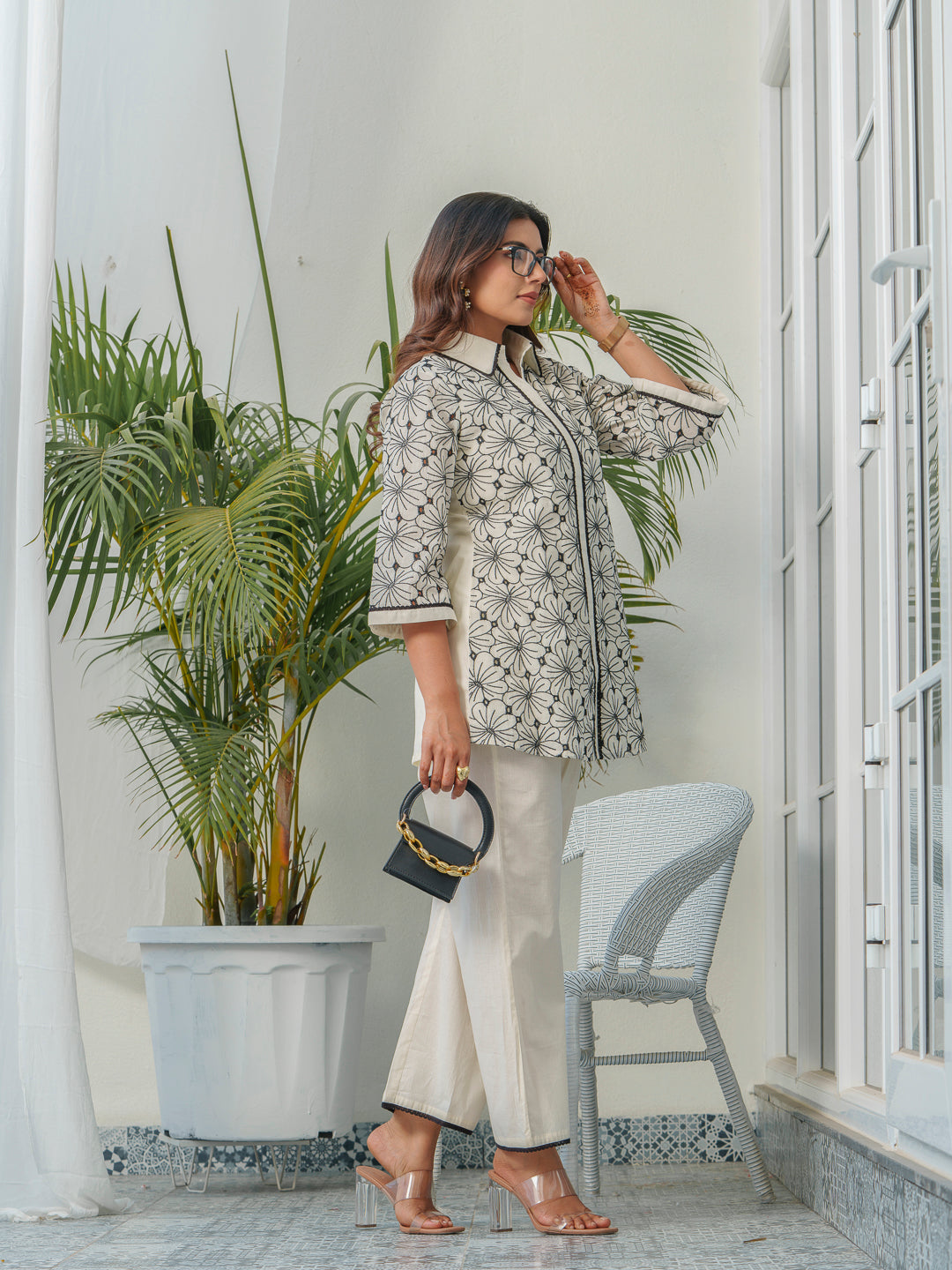 Floral Embroidered Shirt Collar Pure Cotton Tunic & Trouser