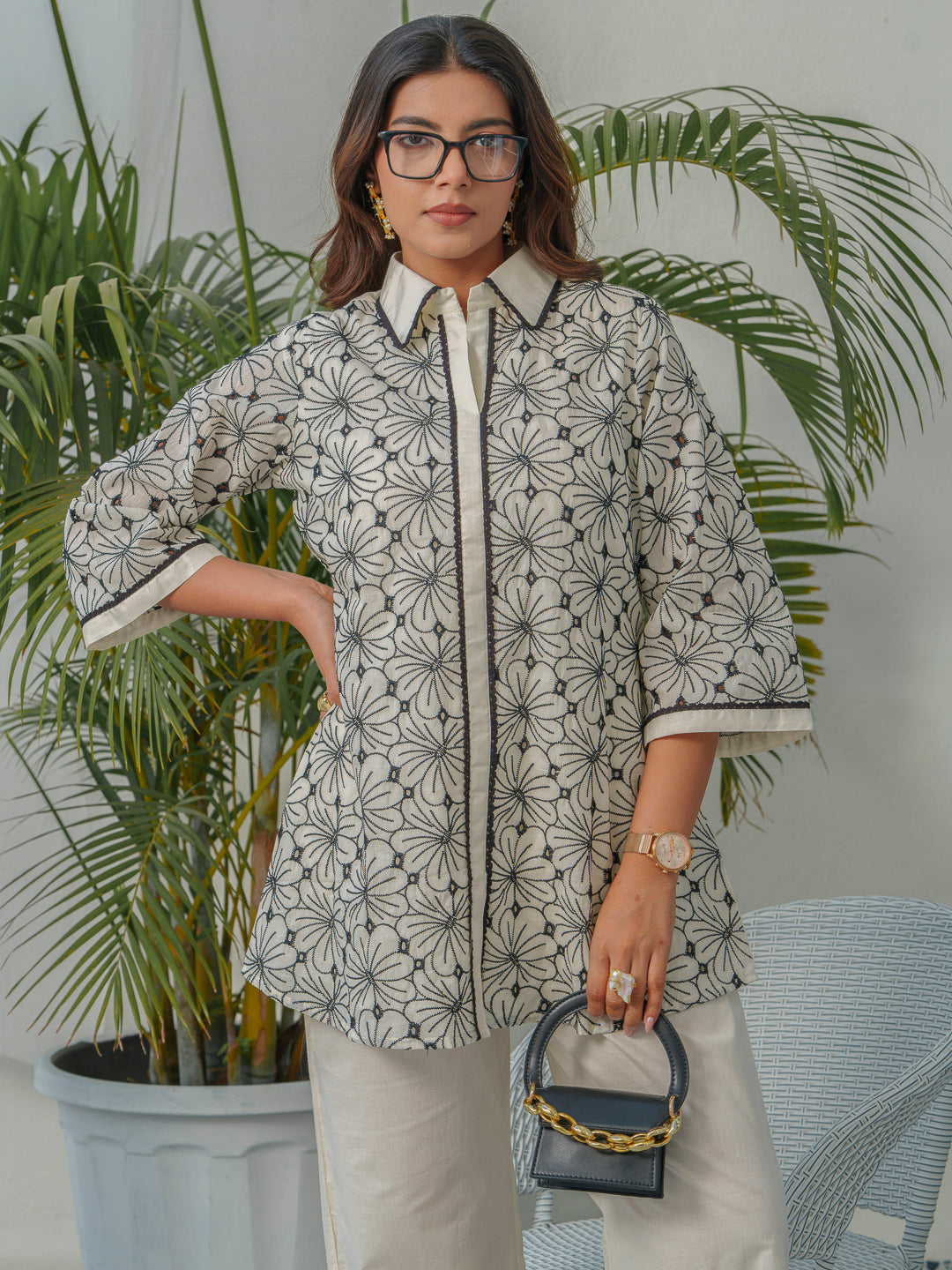 Floral Embroidered Shirt Collar Pure Cotton Tunic & Trouser