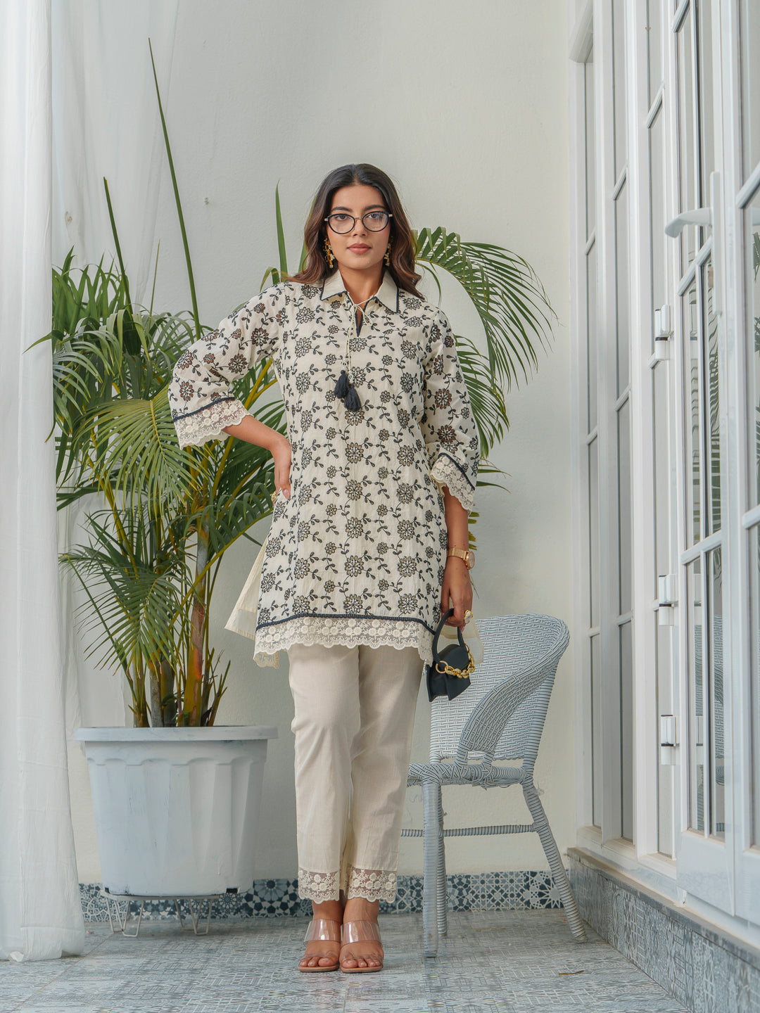 Floral Printed Pure Cotton Shirt Collar Neck Tunic & Trousers