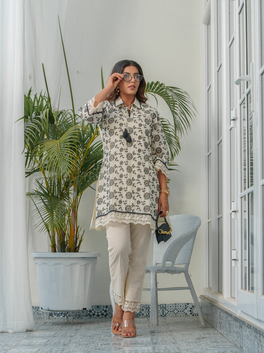 Floral Printed Pure Cotton Shirt Collar Neck Tunic & Trousers