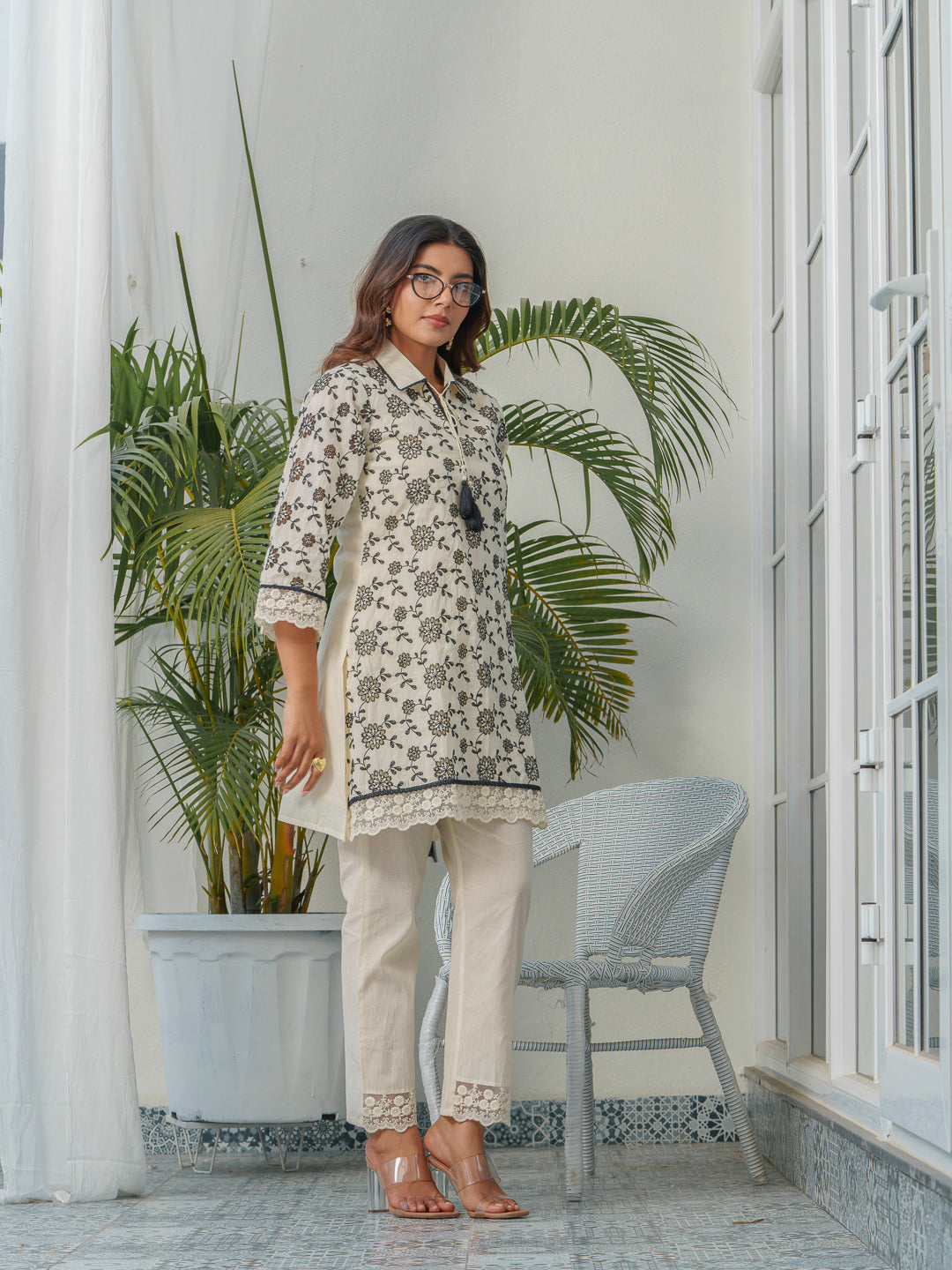 Floral Printed Pure Cotton Shirt Collar Neck Tunic & Trousers