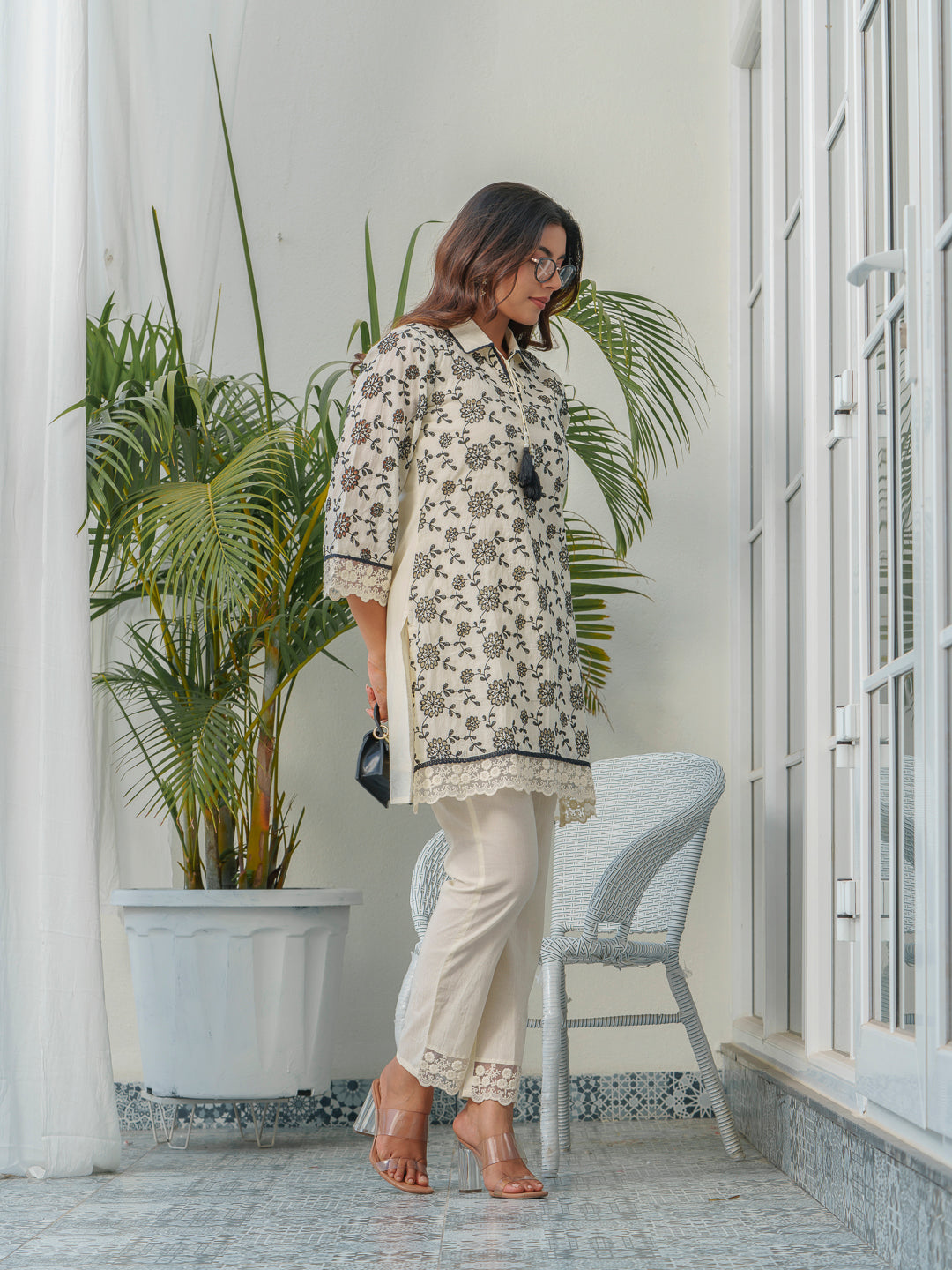 Floral Printed Pure Cotton Shirt Collar Neck Tunic & Trousers