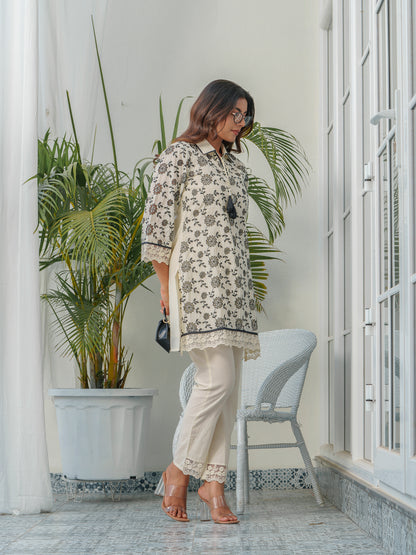 Floral Printed Pure Cotton Shirt Collar Neck Tunic & Trousers