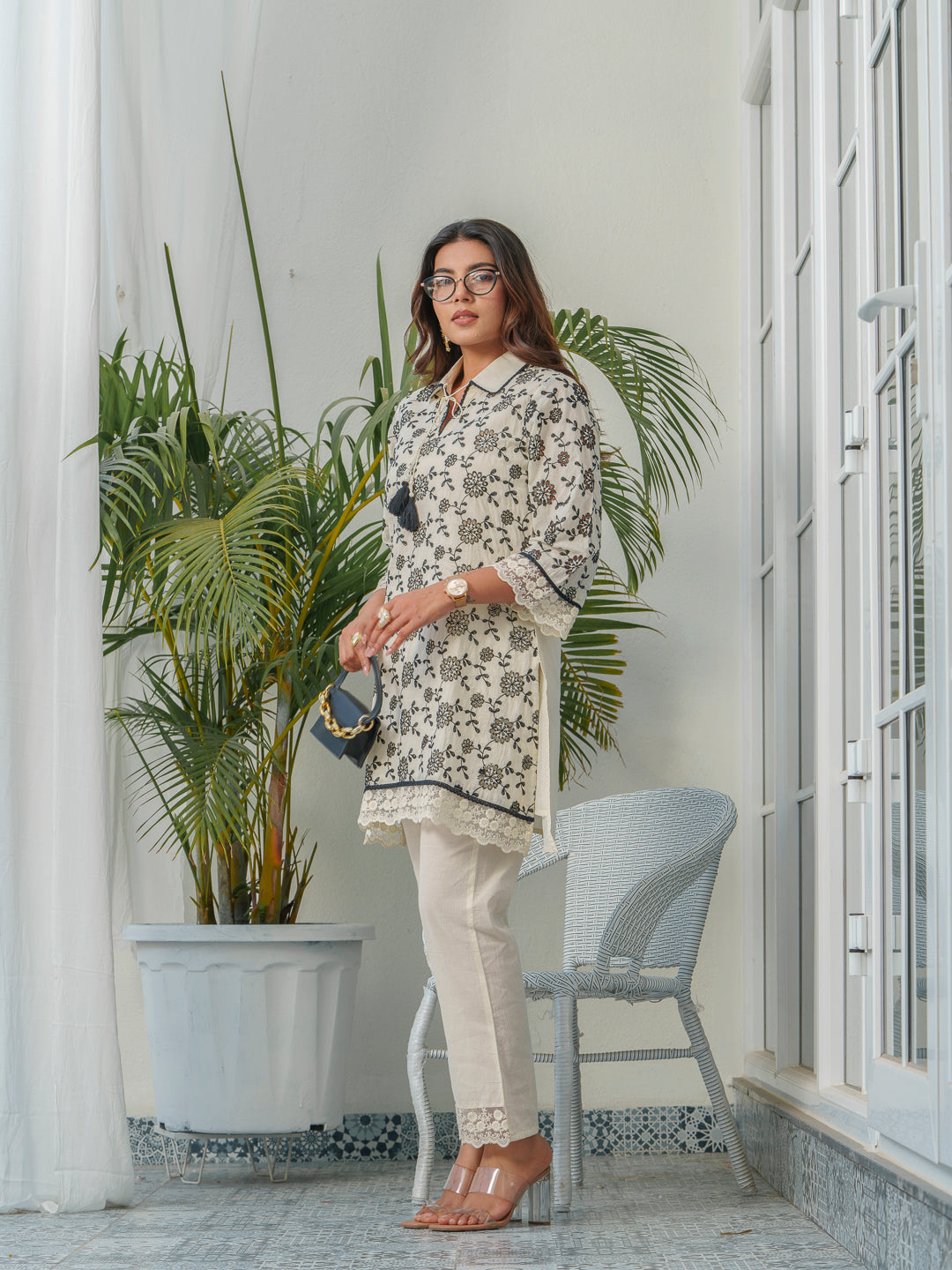 Floral Printed Pure Cotton Shirt Collar Neck Tunic & Trousers