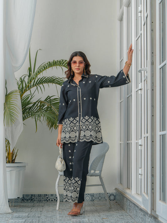 Embroidered Three-Quarter Sleeves Shirt With Trouser