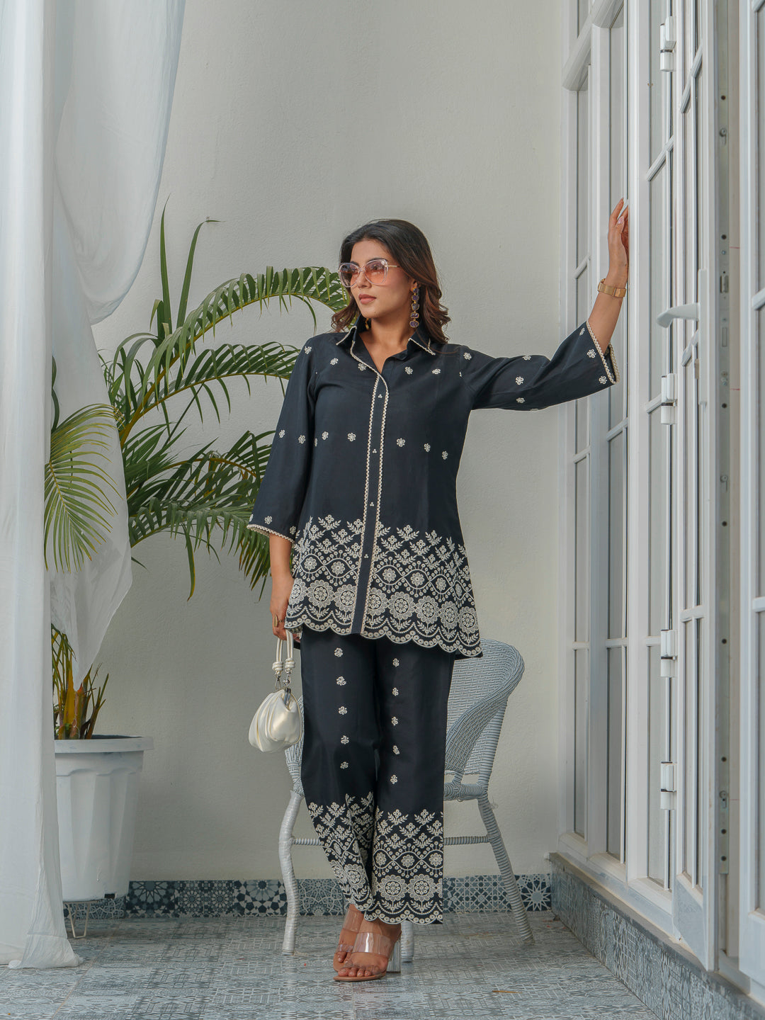 Embroidered Three-Quarter Sleeves Shirt With Trouser