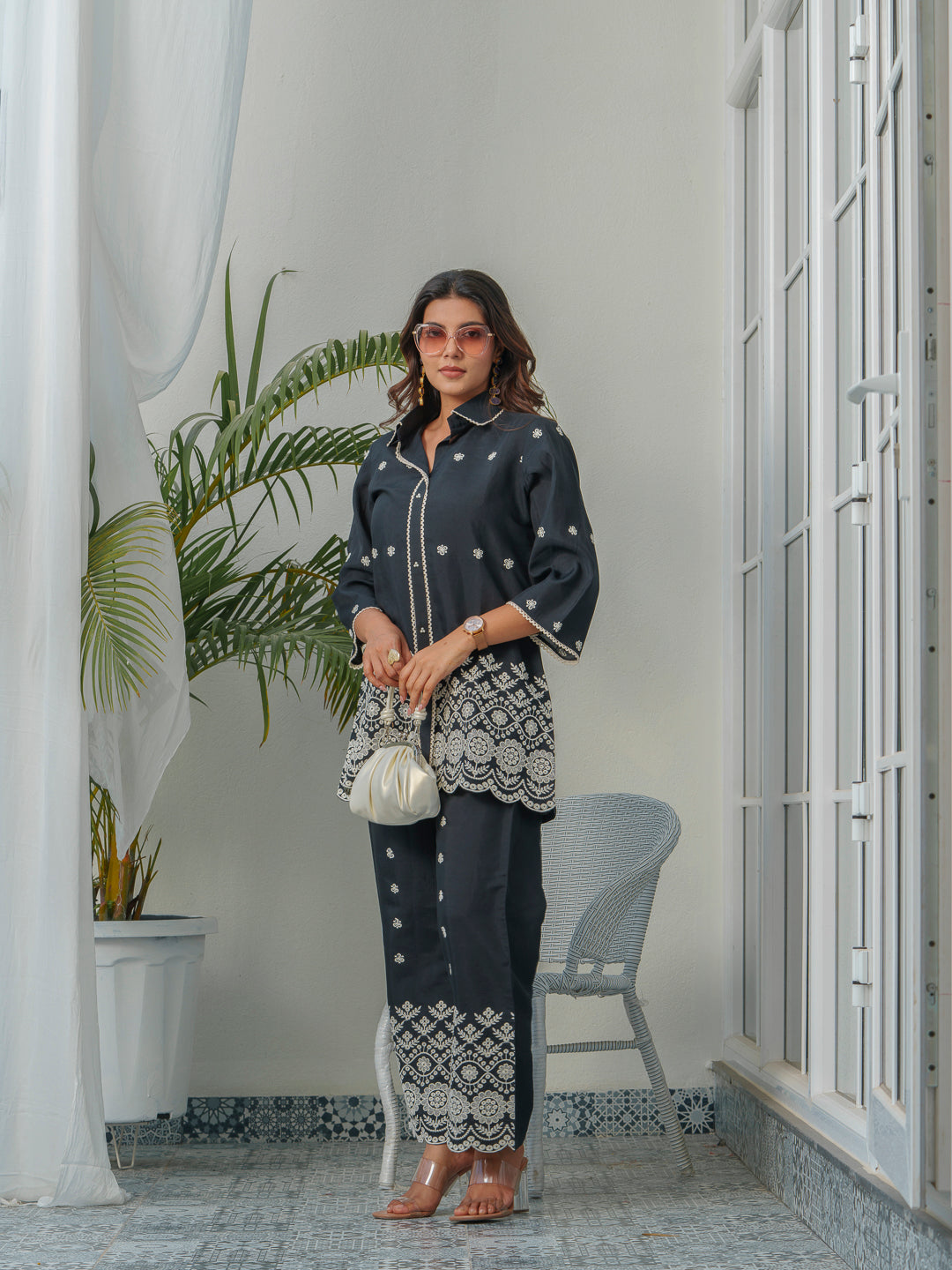 Embroidered Three-Quarter Sleeves Shirt With Trouser
