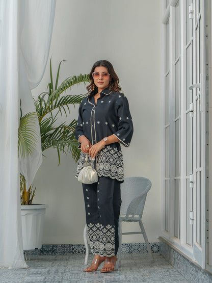 Embroidered Three-Quarter Sleeves Shirt With Trouser