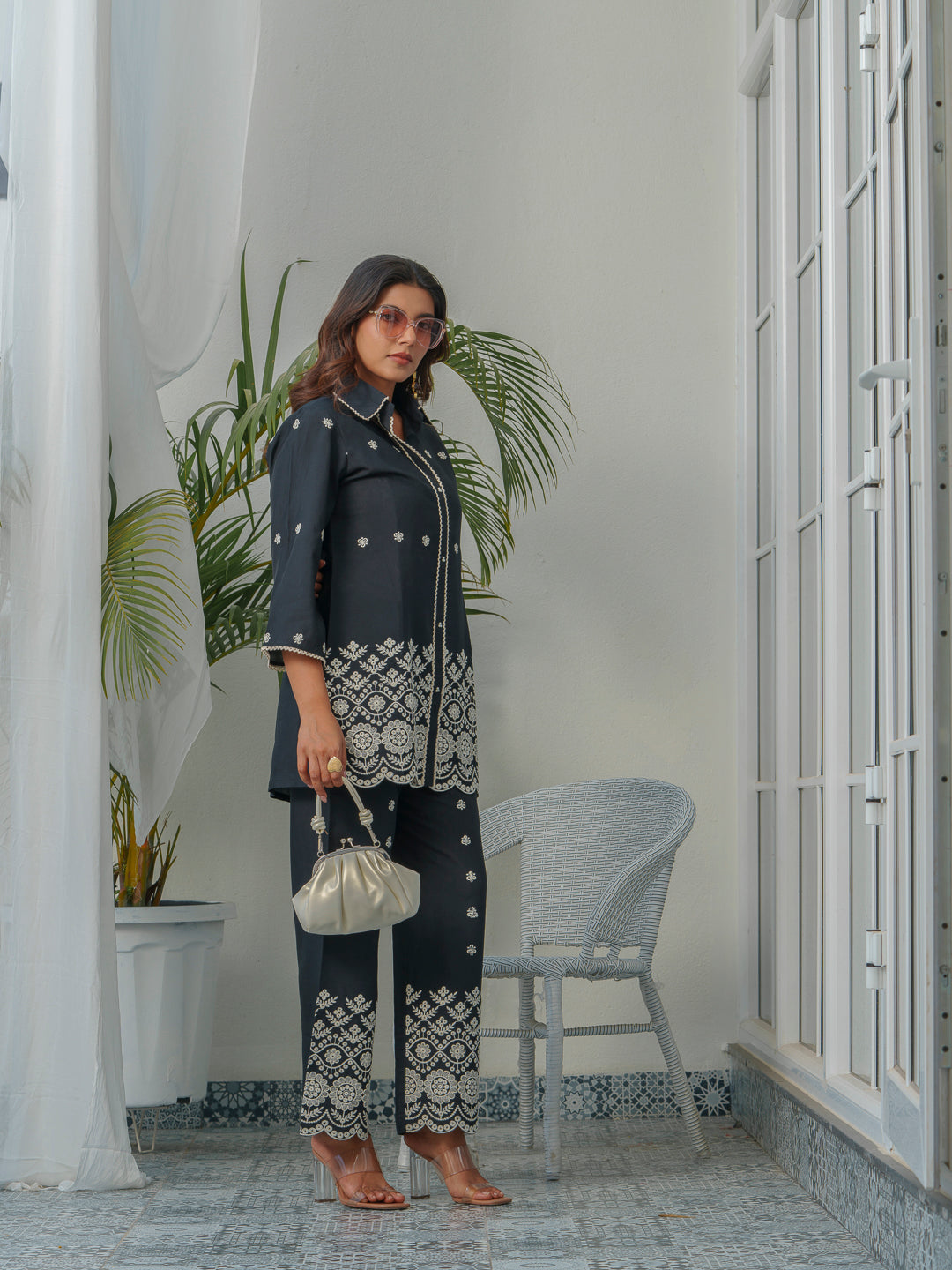 Embroidered Three-Quarter Sleeves Shirt With Trouser