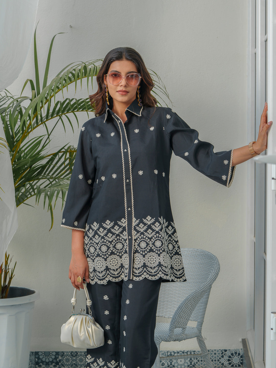 Embroidered Three-Quarter Sleeves Shirt With Trouser